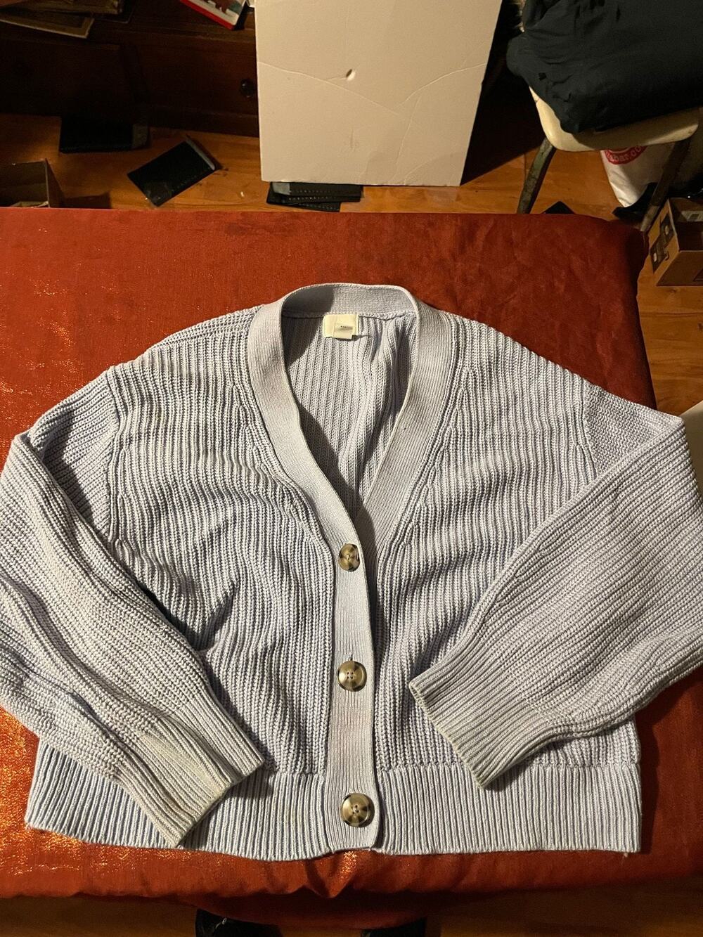 H&M Cardigan Womens M Relaxed Fit Button Front Ribbed Knit V Neck Blue
